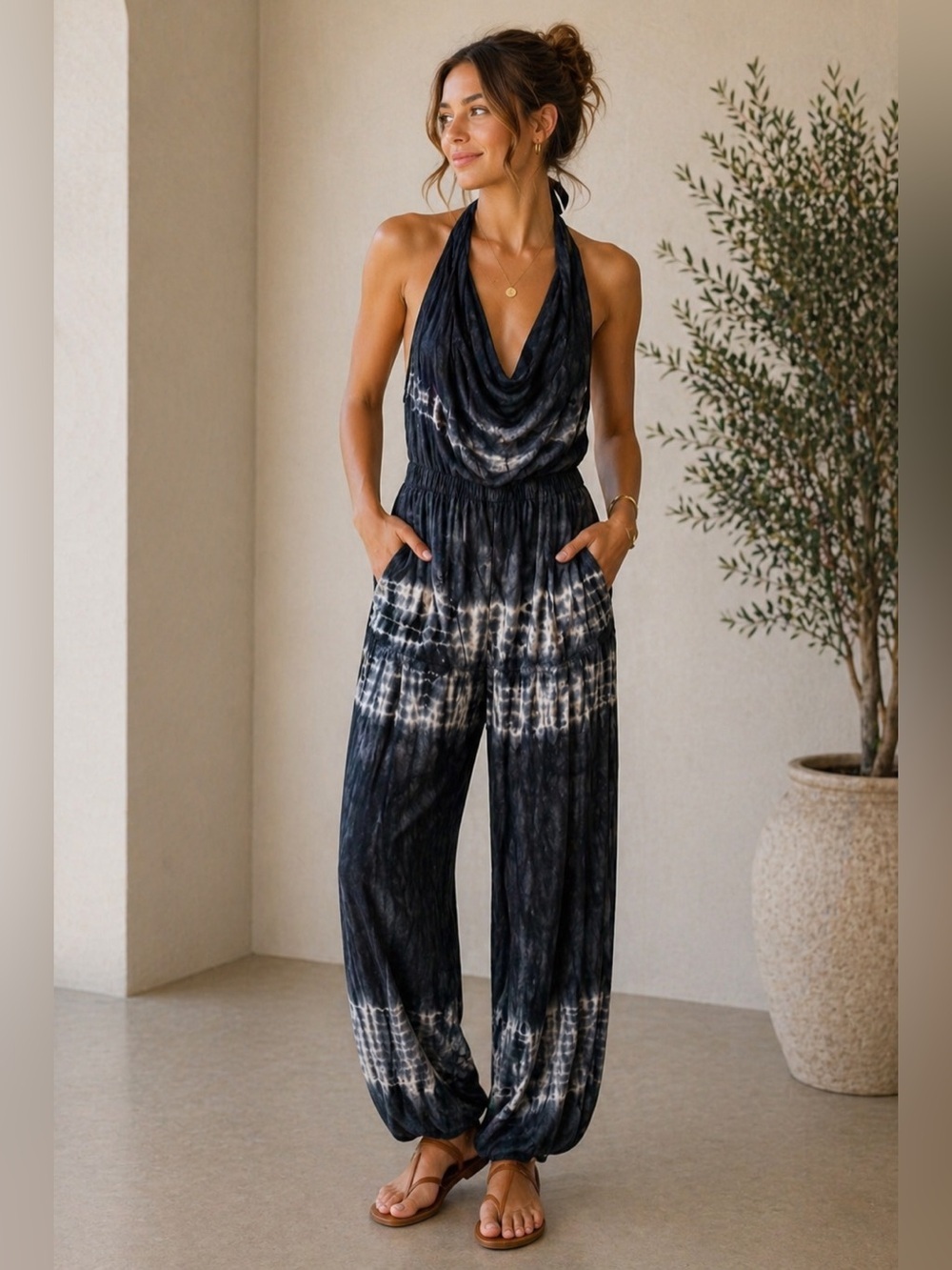XS Black and White Tube top Tie Back Dye Jumpsuit Bohemian Coastal Cowgirl